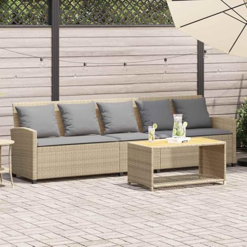 Teenpull 5-sitsig, beige poly-rotting, 280 cm, med kudde, utomhus uteplats, möbelset, robust loungesoffa för trädgård och balkong
