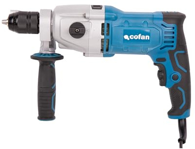 Cofan Taladro percutor con cable 1200 W con 2 velocidades, Portabrocas automático 13 mm, 44800 bpm, empuñadura lateral y barra medidora de profundidad