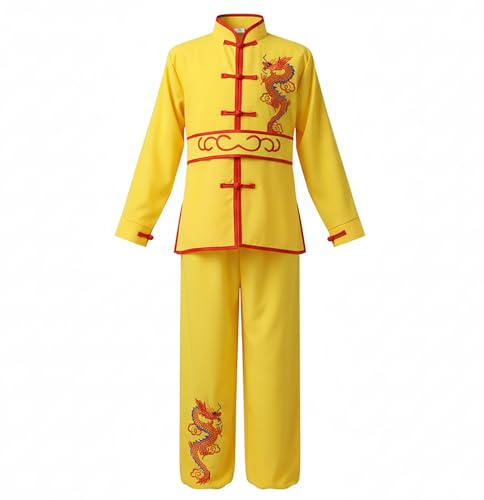 Traditional Chinese Martial Arts Uniform Dragon Embroidered Kung Fu Training Outfit for Boys and Girls (Yellow, 6-7 Years)