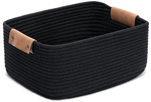 TIMEYARD Baumwollseil Korb Geflochten mit Griffen 37x33x15cm Schwarz | Stabiler Korb für Bücher, Zeitschriften und kleine Gegenstände. Stilvolle Aufbewahrung für Wohnzimmer und Büro