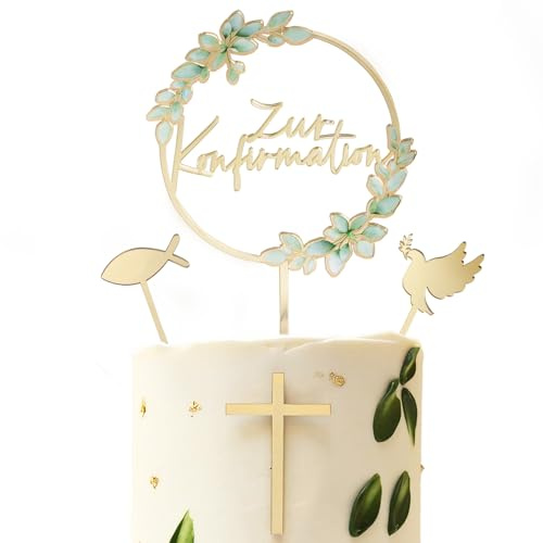 4 Stück Tortendeko Konfirmation, inkl. Taube & Fisch & Kreuz & Zur Konfirmation Tortenstecker, Cake Topper aus Acryl, Gold Kuchendeko Torte Deko für Junge Mädchen Kuchen Dekoration