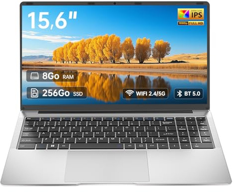 Ordinateur Portable 15,6, Celeron N3450, 8 Go RAM, 256 Go SSD, PC Portable Étudiant FHD IPS avec Wi-Fi 5, Mini-HDMI, Bluetooth 5.0, Pavé Numérique – Idéal Pour La Maison, Les Études et Le Travail