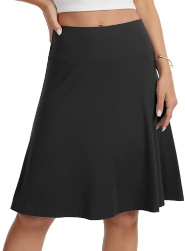VIISHOW Women's Knee Length Skirt High Waisted Stretchy A-Line Skirt Soft Knit Modest Casual Essential Basic Swing Skirts,Black,Large