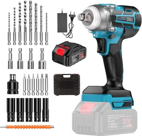 Llave de impacto inalámbrica compatible con batería Makita 18V, sin escobillas 300 Nm, eje 1/2, batería 21V 4,0 Ah, para cambio de neumáticos de coche y montaje, cargador rápido y juego