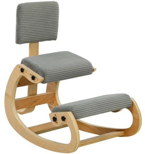 HOMCOM Ergonomischer Kniestuhl, Kniehocker mit Rückenlehne, Dunkelgrau | Cord-Optik, Bürostuhl zur Verbesserung der Nackenschmerzen Rückenschmerzen, für Zuhause, Büro, Meditation