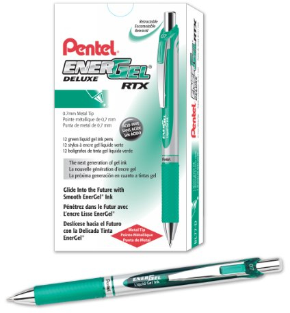 Pentel EnerGel Deluxe RTX Gelschreiber, 0,7 mm Metallspitze, grüne Tinte, je 1 Stück (BL77-D)