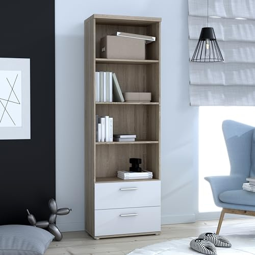 FORTE Winnie Regal mit 2 Schubladen, Holzwerkstoff, Sonoma Eiche / Weiß, 34,8 x 60,2 x 189,1 cm