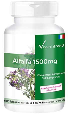 Vitamintrend Alfalfa 500 mg, 360 compresse, estratto 4:1, integratore alimentare vegano senza magnesio stearato, prodotto in Germania