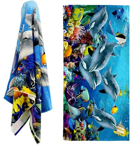 GEEZY Microfibre Beach Towel, Dolphins Design - Quick Drying, Lightweight, Sand-Free, Large & Durable, Summer Design - Beach Essentials for Travel, Holiday, Swimming, Sauna, Adults & Kids, 70x140cm