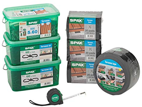 SPAX Attrezzatura di base per la costruzione di terrazze, dimensioni: circa 10 m², viti per terrazze in acciaio inox A2, distanziatore bit, cuscinetti e metro a nastro, 500009100039