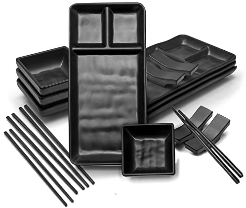 Goliber Vajilla Sushi Japonés (16 Piezas) – 4 Platos Individuales (19 X 14 Cm), 4 Tazones Para Salsa, 4 Pares De Palillos, 4 Soportes Para Palillos. En Melamina. Negro