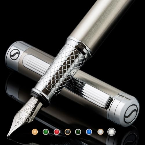 Scriveiner Stainless Steel Fountain Pen - Stunning Luxury Pen with Steel Finish, Schmidt Steel Nib (Fine), Best Pen Gift Set for Men & Women, Professional, Executive Office, Nice Designer Pens