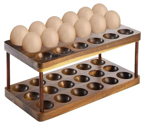 Portauova in legno | Portauova in legno a 2 ripiani – Contenitore per uova da bancone, organizer per uova da cucina semplificato per piani di lavoro