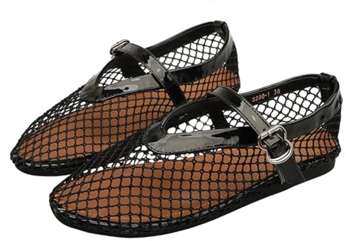 Balettskor i nät för kvinnor, mode bekväm rund tå fisknät plattor, spännrem Mary Jane casual ballerina, damer, bred bredd, vardagsklädsel för kontor, Mary Jane Flats, Xh01 Svart, 39 EU