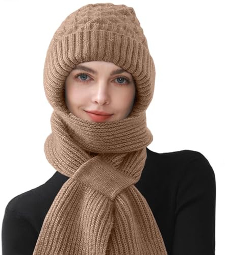 Yutdeng Damen Hut Schal Einteiler Winter Warm Kapuzenschal Frauen Gestrickt Dicker Einteiliger Strickmütze Winterschal 2 in 1 Integrierter Gehörschutz Winddichte Strick Mütze mit Schal Hutschal Thermo