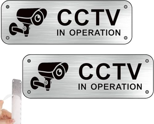 2 Pack CCTV Sign - CCTV In Operation Sign - Brushed Aluminium - Self-Adhesive & Pre-Drilled - Small Size 5x15cm/2x6'' - Waterproof - For Door, Wall, Window - Indoor/Outdoor - CCTV Stickers