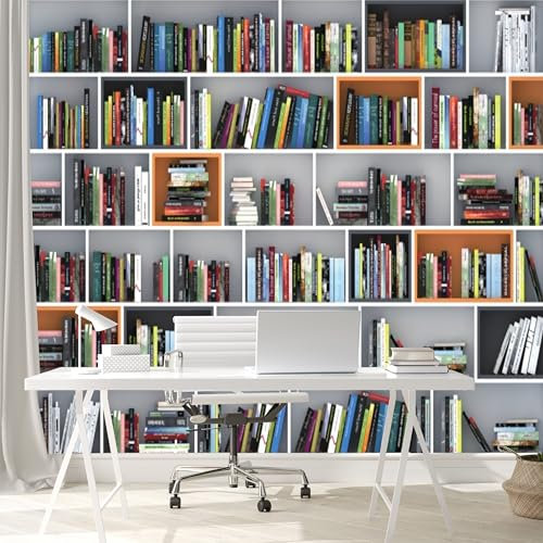 Bibliothèque moderne minimaliste avec livres colorés – Papier peint autocollant et amovible pour salon, chambre à coucher, salle de bain, bureau, salle à manger, chambre d'enfant