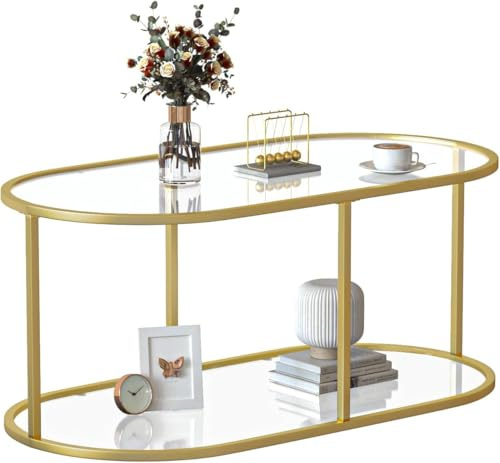 Huhote Mesa de centro de 2 niveles, mesa de té, mesas de salón con marco de metal dorado, para sala de estar, dormitorio, oficina, diseño moderno abierto, 100 x 50 x 43 cm, cristal