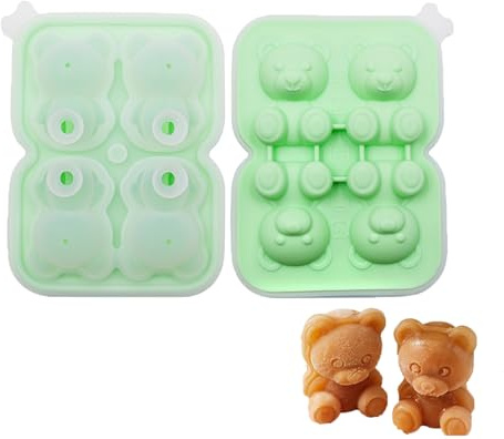 Weenwill Eiswürfelform,Eiswürfelform Silikon Bär,Silikon-Eiswürfelforms mit Deckel,4 Mulden,3D-Bärenform,Lustige Eiswürfelform für Whisky,Schokolade,Eiscreme und Süßigkeiten (Grün)