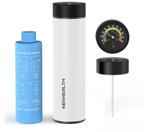 KEKHEALTH Porta Insulina Termico da Viaggio, Borsa Termica per Insulina, GLP-1 e Medicinali 60h, Cooler in Acciaio Inox per 3 Penne, Termometro Meccanico, Bottiglia Gel & Emergenza