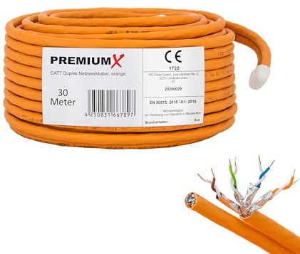 Premium X CAT 7 Netzwerkkabel 30m LAN Kabel Duplex Kupferkabel Ethernet Datenkabel S/FTP PiMF PoE Eca Kat7 Verlegekabel Installationskabel für müheloses Verlegen