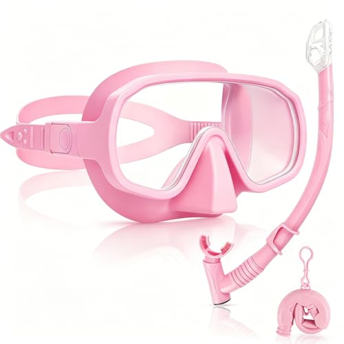 Qingning Máscara de Snorkel con Tubo de Silicona Plegable, Gafas de Buceo Adulto con Visión Panorámica 180° HD, Antifugas, Set de Snorkel con Bolsa de Malla, Máscara de Buceo Equipo de Buceo (Rosa)