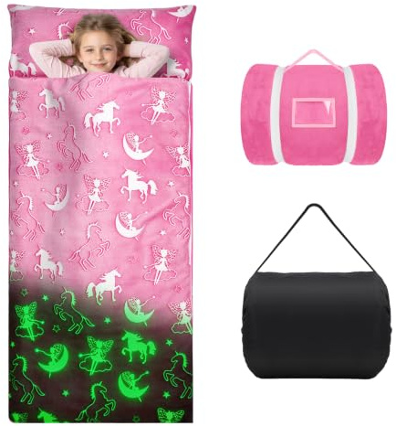Schlafsack Kinder mit Kissen Abnehmbar im Dunkeln Leuchtet 170×75cm