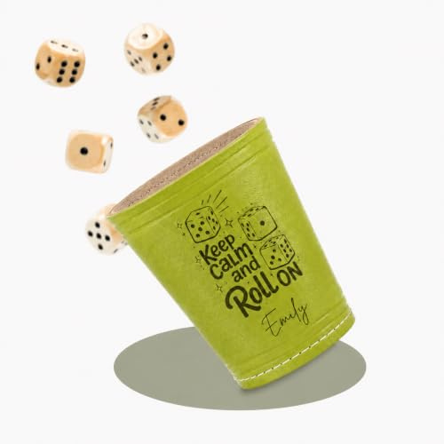 Diamandi PERSONALISIERTER Echtleder Würfelbecher Olivgrün - Inkl. 5 Würfel | Wunsch-Gravur mit Name & Motiv | Robuster Knobelbecher für Schocken & Würfel-Klassiker