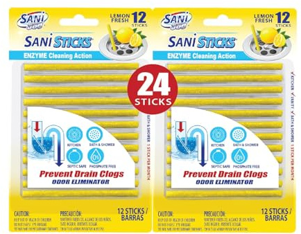 SANI 360° Sani Sticks Drain Cleaner and Deodorizer, 24 Count, Lemon Scent Enzyme Pipe Cleaners, Eliminate Odors, Prevent Clogged Drains, Safe for Sinks, Bathtub Drains, Septic Tanks