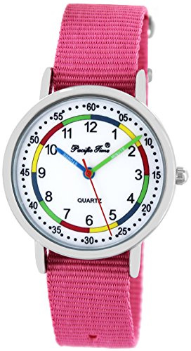 Pacific Time Kinderuhr Lernuhr Mädchen Jungen 5 ATM wasserdicht | Lernzifferblatt 1–12/05–60 Min., 5 ATM wasserdicht, beschriftete Zeiger und austauschbares 16-mm-Textilarmband.