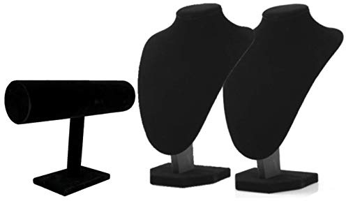 Comelyjewel 3pcs Jewelry Display Set – Velvet Necklace Stand & Bracelet Holder, Tangle-Free Jewelry Organizer for Home & Craft Show Display, Black Necklace Holder Stand for Vendors & Vanity