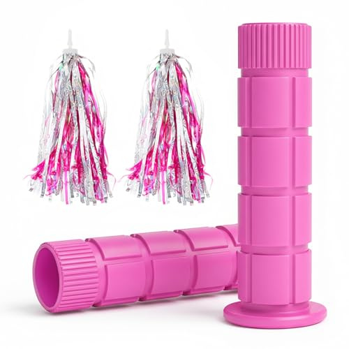 SAPLIZE Bike Handlebar Grips, for Kids Girls Boys Bikes, Balance Bikes, Road Bikes and Sctoors, Length 4.9, with Tassel Streamers, Pink