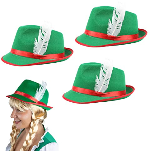 I LOVE FANCY DRESS Oktoberfest Bavarian Hats - Pack of 3 - Green & Red Bavarian Hat with Feather Detail - Adults German Oktoberfest Tyrolean Hat