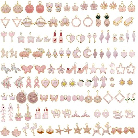 Julie Wang 60Pcs 30 Pairs Mixed Enamel Pink Theme Charms Pendants for Jewellery Making Bulk lot Necklace Earrings Bracelet Craft Findings