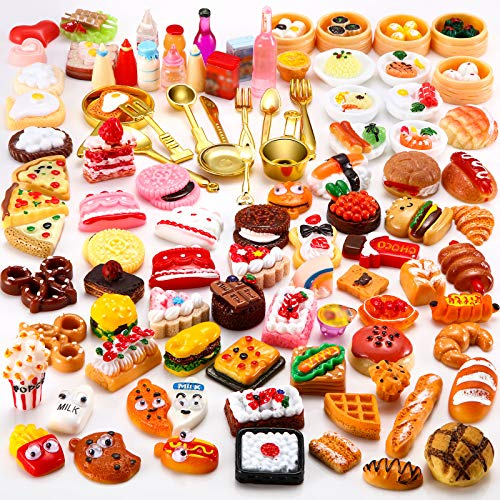 Sumind 100 Pièces Min Jouets de Boissons de Nourriture Faux Aliments Mixtes pour Maison de Poupée Jeu de Cuisine Nourriture Miniature en Résine pour Adultes Adolescents Maison de Poupée