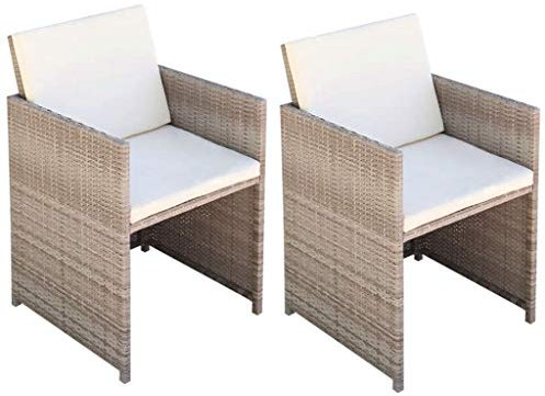 Polyrattan Gartenstuhl Set 2er Stuhlset Rattan Stuhl Garten Sessel Rattanstühle Balkonstühle Terrassenstühle Outdoor Stühle Balkonsessel Gartenstühle 2 STK. mit Polstern und Kissen Poly Rattan Beige