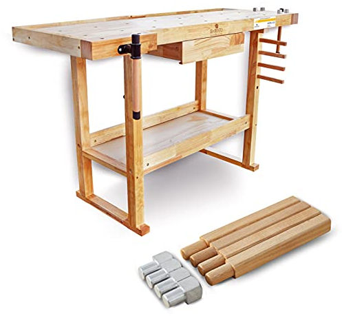 BAMATO Hobelbank WORK-1520 *MASSIVHOLZ* | inkl. 8 Bankhaken 1 x seitliche Spannzange 1 x vordere Spannzange 1 große Schublade | Werkbank Werkzeugbank