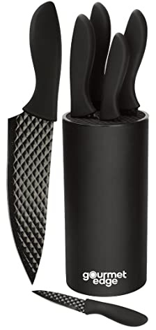 Gourmet Edge - 7-Piece Diamond Nonstick Blade Cutlery Set with Universal Knife Block - High Carbon Stainless Steel with Ergonomic Handle - Ultra Sharp for Home Kitchen and Restaurant, black