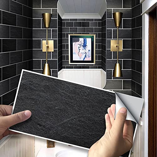 Alwayspon Wall Tile Transfers Sticker for Home Decor, Peel & Stick self-Adhesive splashback, Stick On Tile Decals for Living Room Kitchen Bathroom Decor, Black Stone Brick, 9 Pieces