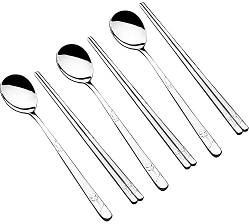 YAPULLYA Koreanska metallätpinnar och skedar set, återanvändbara rostfritt stål bestick ätpinnar och skedar med lång hand, uppsättning av 3 (slingklöver)
