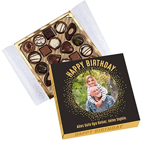 Herz & Heim® Lindt Pralinen zum Geburtstag mit eigenem Foto und Wunschtext - Personalisierte Pralinenschachtel mit Happy Birthday Motiv - Schokolade als Geburtstagsgeschenk mit Widmung