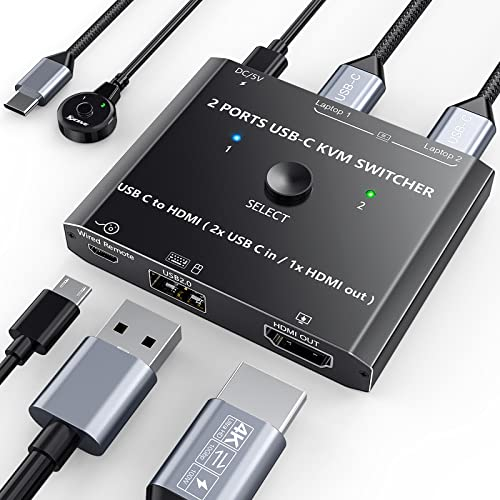 Switch kvm USB tipo C 4K a 60 Hz, switcher HDMI a 2 porte tipo C+1 per 2 laptop Condivisione di 1 monitor HDMI e dispositivi USB, EDID adattivo, USB 2.0, con telecomando cablato e USB-C Cavo