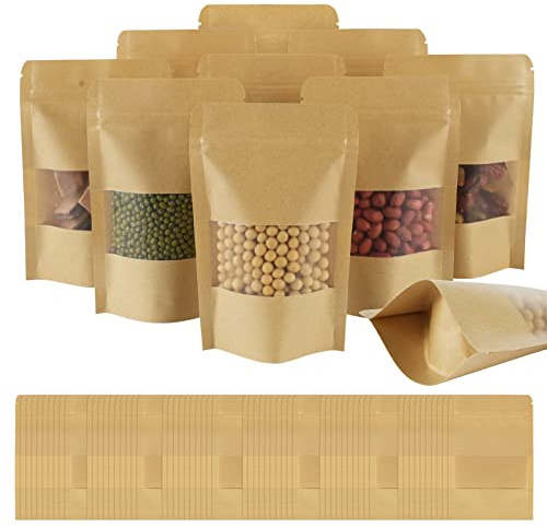 AUAUY 100Pcs Stand Up Pouches, Kraft Bags with Window | 3.5 x 5.5/9 x 14 cm Brown Resealable Bags with Tear Notch , Paper Ziplock Bags for Home or Business Food Storage Bags