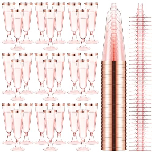 Dandat 100 Pcs Champagne Flutes 5 oz Rose Gold Champagne Glasses Pink Plastic Cups with Rose Gold Rim Disposable Party Cocktail Cups for Wedding Toasting Party Birthday Anniversary Celebration Wine