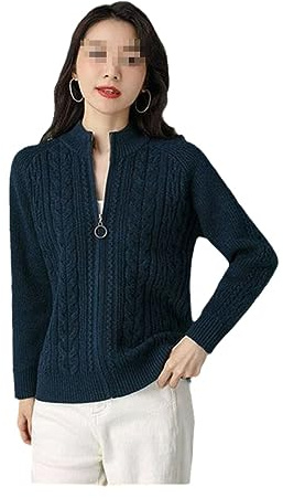 Ownwfeat Dam halv hög krage dragkedja stickad cardigan jacka långärmad koftor tjock tröja, Denim blå, L