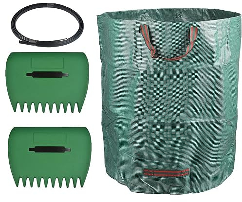 OctBird 2 Pcs Leaf Picker & 300L Large Garden Waste Bags Set,Waterproof Rubbish Refuse Sacks with Handles 84×67cm,34×25cm Leaf Shovel Hand Rake Leaf Claw Collector,for Garden(With 1 Support Rope)
