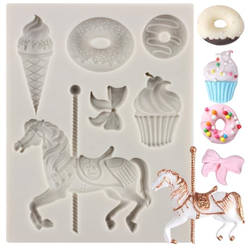 MYPRACS Karussell Pferd Silikon Fondantform Merry Go Round Eis Donut Schokolade Süßigkeiten Formen zum Dekorieren von Kuchen Cupcake Topper Süßigkeiten Schokolade Gummipaste Polymerton