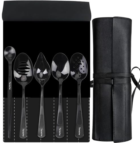 CREATIVECHEF Set of 5 Kitchen Spoons Chef Plating Tools Culinary Kit, Plating Tools Specialty Chef Plating Kit, Stainless Steel Serving Spoons Set, Professional Kitchen Secret, Black