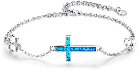 Twoowl Opal Bracelet Faith Hope Love Bracelet 925 Sterling Silver Cross Anchor Heart Jewellry Blue Opal Gifts for Women Girls Birthday