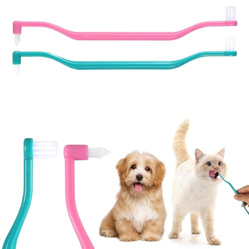 lasuroa 2 Stück Katzenzahnbürsten, Doppelseitig Katzenzahnreinigungsbürste mit Mikrobürstenkopf und gebogenem Griff Tiefenreinigung für Kätzchen Katzenzahnpflege Zubehör (Grün Rosa)